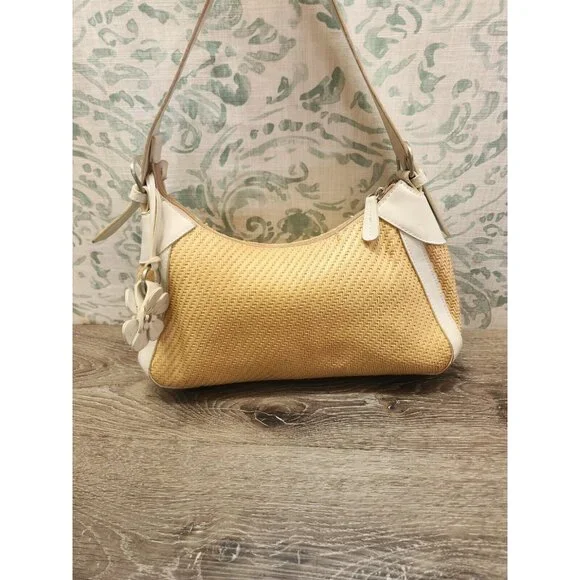 Fossil 75082 Woven Straw Fabric Handbag Purse w/ Leather Trim 13"x8"x4" - Picture 6 of 13